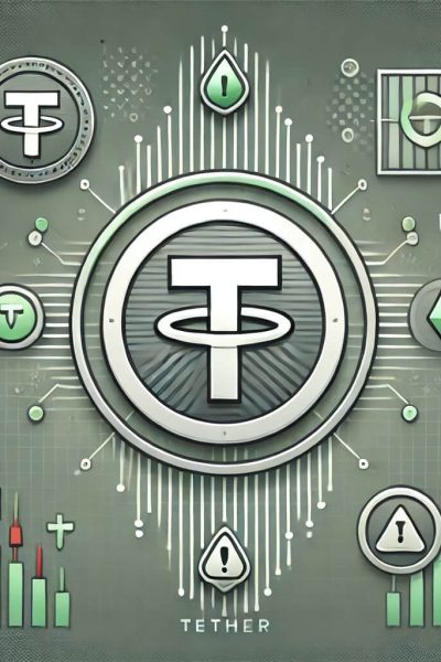 Imagem em escala de cinza e verdade com a cripto Tether ao centro. Ao redor símbolos com vantagens e desvantagens da criptomoeda.