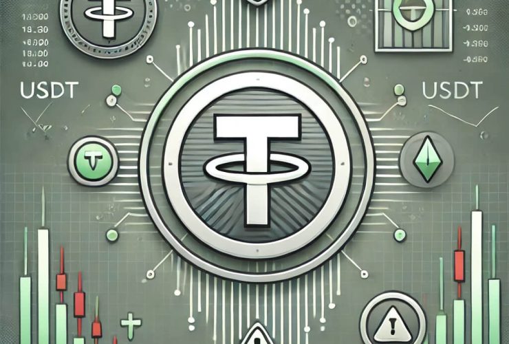 Imagem em escala de cinza e verdade com a cripto Tether ao centro. Ao redor símbolos com vantagens e desvantagens da criptomoeda.