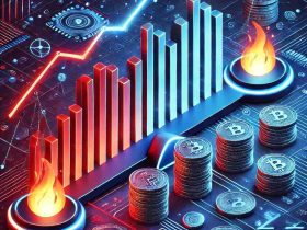 Ilustração digital contrastando tokens inflacionários e deflacionários. No lado esquerdo, pilhas de moedas se multiplicam e um gráfico ascendente representa o aumento da oferta dos tokens inflacionários. No lado direito, moedas são queimadas e desaparecem, acompanhadas de um gráfico descendente, simbolizando tokens deflacionários. No centro, uma linha luminosa separa os dois conceitos, destacando suas diferenças no contexto financeiro digital.