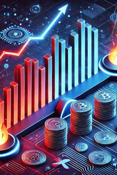 Ilustração digital contrastando tokens inflacionários e deflacionários. No lado esquerdo, pilhas de moedas se multiplicam e um gráfico ascendente representa o aumento da oferta dos tokens inflacionários. No lado direito, moedas são queimadas e desaparecem, acompanhadas de um gráfico descendente, simbolizando tokens deflacionários. No centro, uma linha luminosa separa os dois conceitos, destacando suas diferenças no contexto financeiro digital.