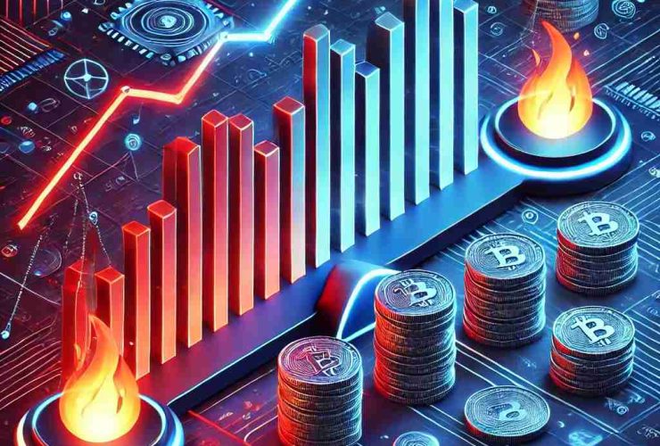 Ilustração digital contrastando tokens inflacionários e deflacionários. No lado esquerdo, pilhas de moedas se multiplicam e um gráfico ascendente representa o aumento da oferta dos tokens inflacionários. No lado direito, moedas são queimadas e desaparecem, acompanhadas de um gráfico descendente, simbolizando tokens deflacionários. No centro, uma linha luminosa separa os dois conceitos, destacando suas diferenças no contexto financeiro digital.