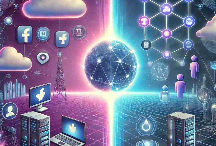 Imagem dividida ao meio. No centro um globo em azul. De um lado ícones que representam a Web3, do outro We2.