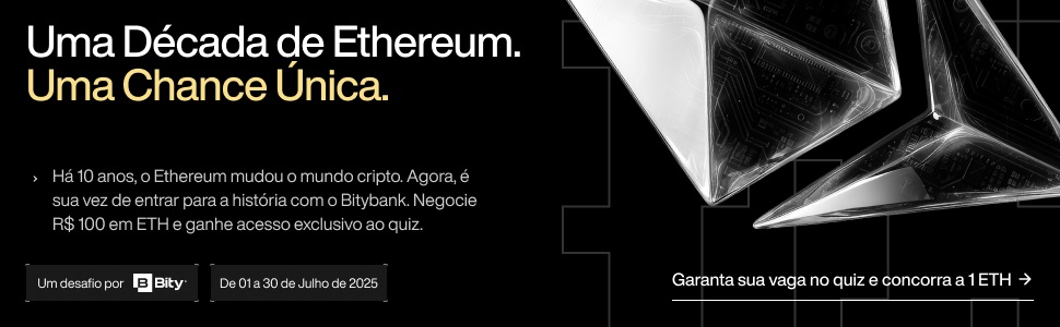 Banner Campanha Ganhe 1 ETH Título: Acerte Rápido. Acerte Muito. Leve 1 ETH Parágrafo: Mostre que você realmente entende de Ethereum! Participe do quiz, responda mais rápido e ganhe 1 ETH. CTA: Negocie agora e entre para o desafio